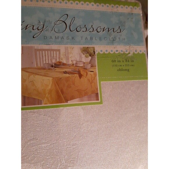 White Tablecloth Spring Blossoms Damask 60”x84” Oblong seats 6-8 sealed pkg new - Picture 2 of 6